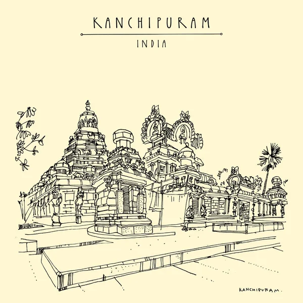 カンチプラム カンチ タミル ナードゥ 南インド Kailasanathar寺 ヒンズー教の聖地 旅行スケッチ図 ヴィンテージ手描き観光はがき ポスター — ストックベクタ