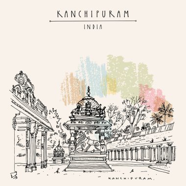 Kanchipuram (Kançi), Tamil Nadu, Güney Hindistan. Ekambeshwarar (Ekambaranatha) Tapınağı. Hindu dini kutsal mekanı. Seyahat çizimi. El yapımı turistik kartpostal, poster