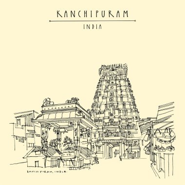 Kanchipuram (Kançi), Tamil Nadu, Güney Hindistan. Ekambeshwarar 'daki pazar (Ekambaranatha) Tapınak. Hindu dini kutsal mekanı. Seyahat çizimi. El yapımı turistik kartpostal, poster