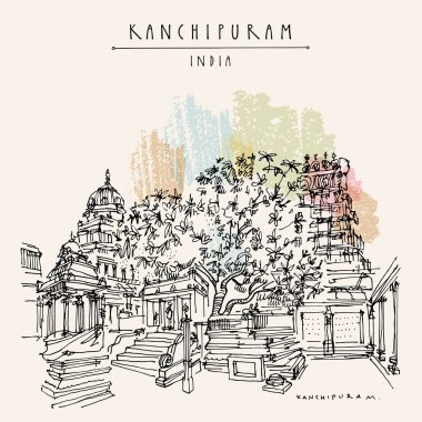 Kanchipuram (Kançi), Tamil Nadu, Hindistan. Ekambeshwarar (Ekambaranatha) Tapınağı. Tapınağın arkasındaki 3500 yıllık Mango ağacı. Seyahat çizimi. El yapımı turistik kartpostal, poster