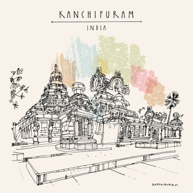 Kanchipuram (Kançi), Tamil Nadu, Güney Hindistan. Kailasanathar Tapınağı. Hindu dini kutsal mekanı. Seyahat çizimi. El yapımı turistik kartpostal, poster