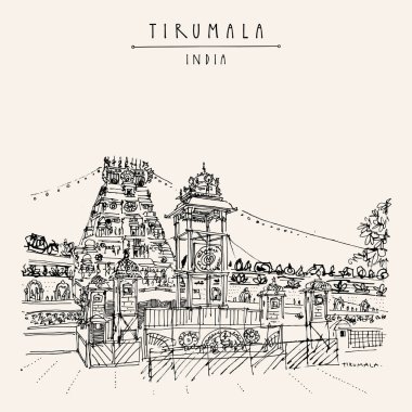 Venkateswara Tapınağı, Tirumala, Andhra Pradesh, Güney Hindistan. Seyahat skeci. Eski el çizilmiş kartpostal