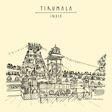 Venkateswara Tapınağı, Tirumala, Andhra Pradesh, Güney Hindistan. Seyahat skeci. Eski el çizilmiş kartpostal