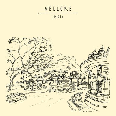 Vellore, Tamil Nadu, Güney Hindistan. Hindu Sri Lakshmi Narayani Tapınağı. Sripuram ruhani parkındaki Altın Tapınak Vellore kompleksi. Güzel bahçe. Seyahat skeci. Eski el çizilmiş kartpostal