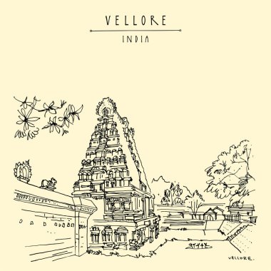Vellore, Tamil Nadu, Güney Hindistan. Vellore Kalesi 'ndeki antik Jalagandeswarar Hindu tapınağı. Giriş gopuram (kule) seyahat çizimi. El yapımı kartpostal, poster