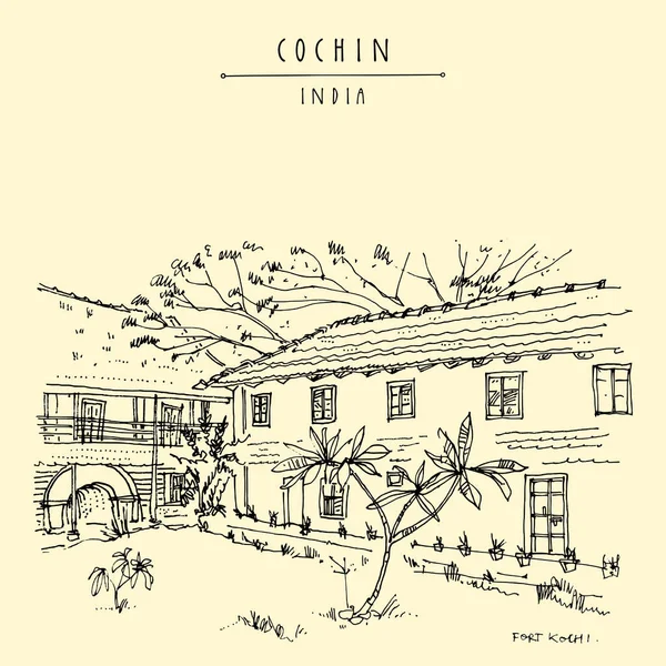 Cochin (Kochi), Kerala, India. Old architecture. Heritage colonial buildings and tropical plants in the garden. Famous historical landmark in summer. Artistic vintage hand drawn travel postcard, poster