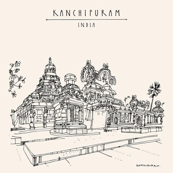 Kanchipuram 타밀나두 Kailasanathar 힌두교의 장소입니다 스케치 손으로 빈티지 포스터 — 스톡 벡터