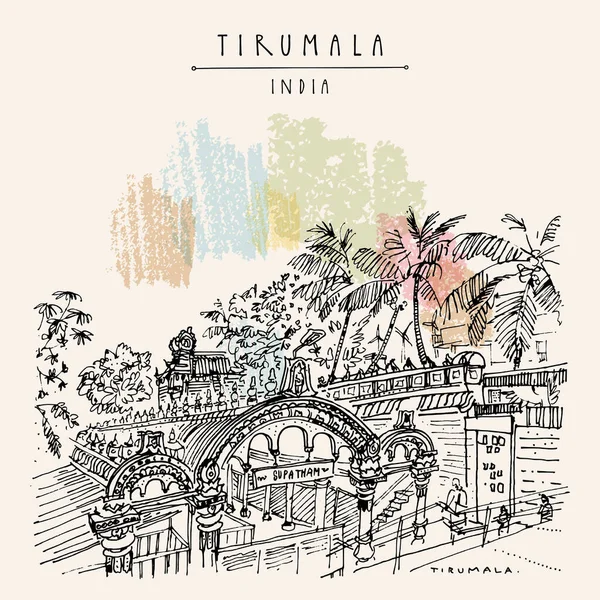 Venkateswara Tapınağı, Tirumala, Andhra Pradesh, Güney Hindistan. Akşam yemeği, akşam yemeği ve salkımlı hurma ağaçları. Seyahat skeci. Eski el çizilmiş kartpostal