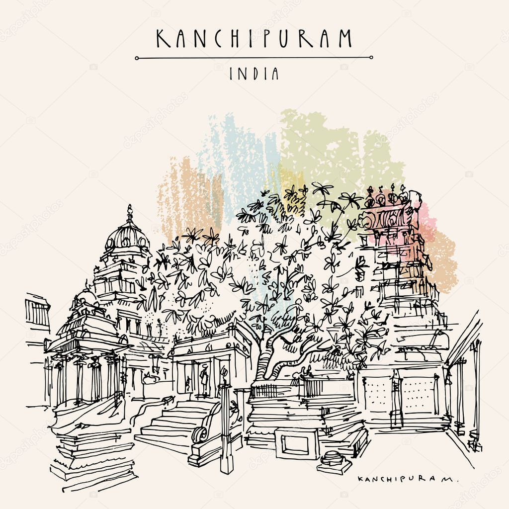 Kanchipuram (Kanchi), Tamil Nadu, India. Ekambeshwarar (Ekambaranatha) Temple. 3500-year old Mango tree behind the sanctum. Travel sketch drawing. Vintage hand drawn touristic postcard, poster