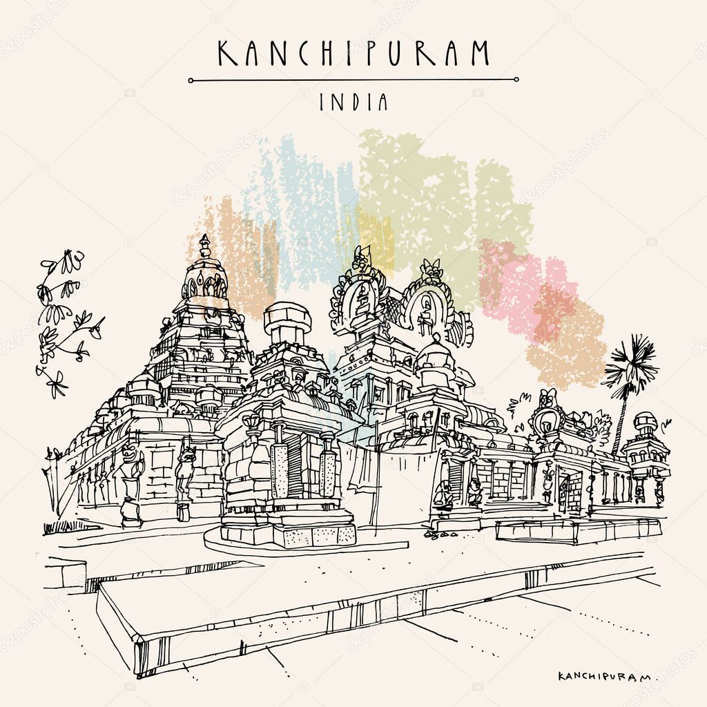 Kanchipuram (Kanchi), Tamil Nadu, South India. Kailasanathar Temple. Hindu religion sacred place. Travel sketch drawing. Vintage hand drawn touristic postcard, poster