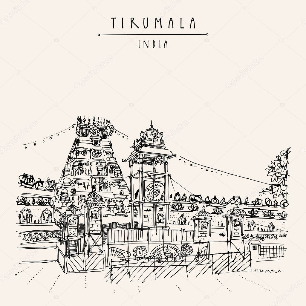Venkateswara Temple, Tirumala, Andhra Pradesh, South India. Travel sketch. Vintage hand drawn postcard