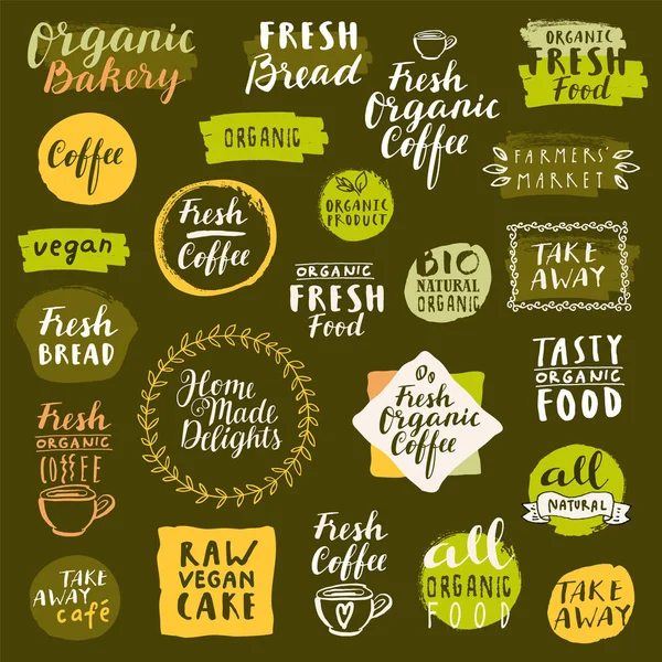 Set Etiquetas Biológicas Panadería Pan Fresco Emblemas Café Fresco Alimentos — Vector de stock
