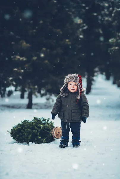 Inverno Foto Natale Bambino Umore Natalizio Capodanno Bambino Una Slitta Fotografia Stock