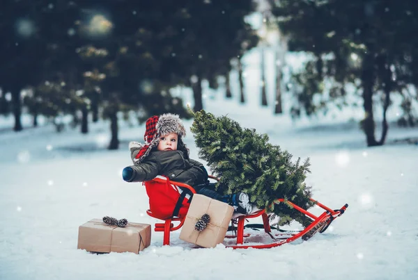 Inverno Foto Natale Bambino Umore Natalizio Capodanno Bambino Una Slitta Foto Stock