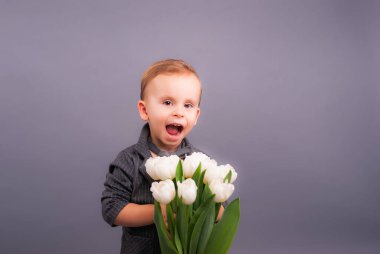 Stüdyoda bir buket lale taşıyan küçük bir beyefendi, 8 Mart bayramının onuruna gri bir arka planda tüm anneler, büyükanneler, kızlar ve kızlar şeklinde bir tebrik kartı taşıyor.