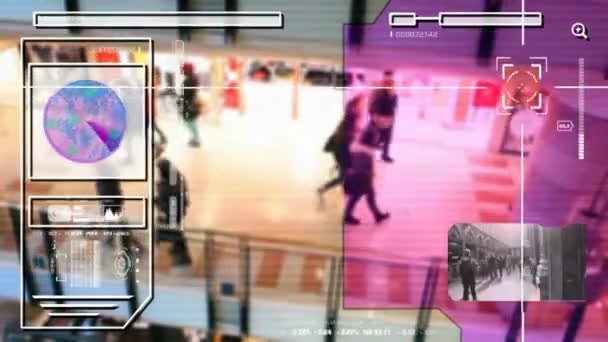 하이테크-보안 스캔-몰--쇼핑 센터-분석-보라색-Hd를 걷는 사람 — 비디오