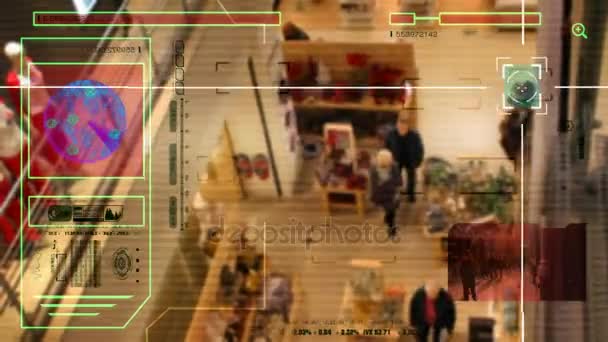 High Tech - Security Scan - Mall - människor promenader - köpcentrum - hög vinkel skott - röd - Hd — Stockvideo