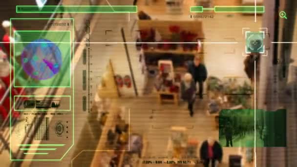 Alta tecnología - Escaneo de seguridad - Centro comercial - personas caminando - Centro comercial - Disparo de ángulo alto - verde - HD — Vídeo de stock