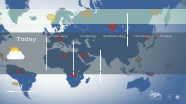 Prognoza pogody - chmury - deszcz - Thunder - mapa niebieski tło — Wideo stockowe