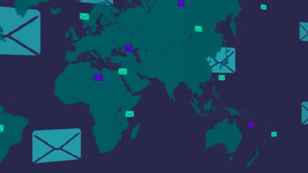 Emails fondo - mundo moviéndose de derecha a izquierda - animación vectorial - fondo negro - vista izquierda - azul — Vídeo de stock