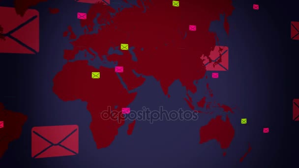 E-Mails Hintergrund - Welt bewegt sich von rechts nach links - Vektoranimation - schwarzer Hintergrund - linke Ansicht - rot — Stockvideo