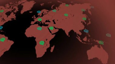 -Soldan sağa doğru hareket harita - konuşma balonları - Mekanlar - kırmızı kıta - siyah arka plan - görünümünün altındaki düz renkler.