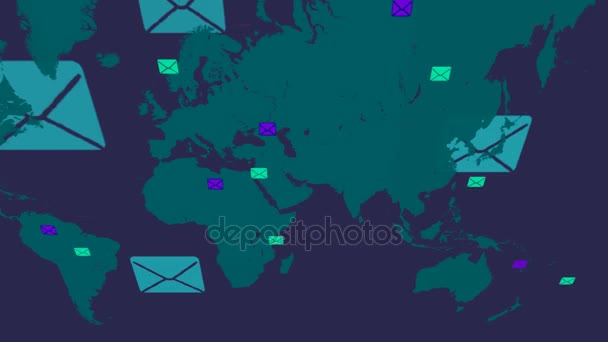 Emails background - world moving from right to left - vector animation - black background - above view - blue — Stock Video