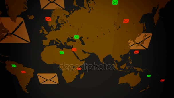 Emails fondo - mundo moviéndose de derecha a izquierda - animación vectorial - fondo negro - vista superior - amarillo — Vídeos de Stock