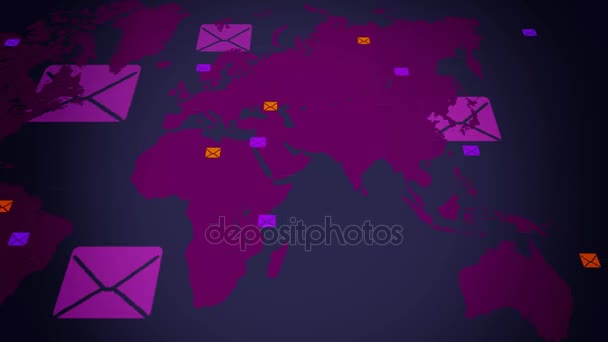 Correos electrónicos de fondo - mundo moviéndose de derecha a izquierda - animación vectorial - fondo negro - vista inferior - púrpura — Vídeo de stock