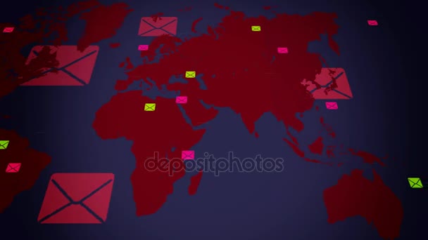 E-Mails Hintergrund - Welt bewegt sich von rechts nach links - Vektoranimation - schwarzer Hintergrund - Ansicht unten - rot — Stockvideo