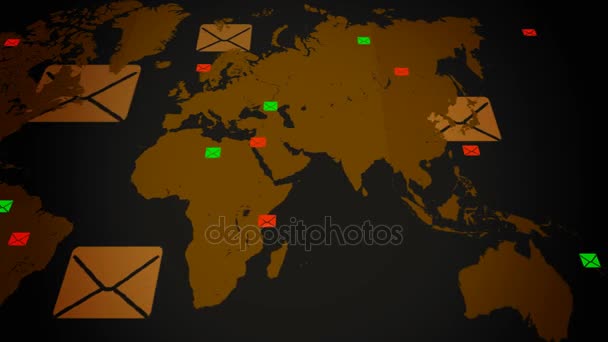 Emails fondo - mundo moviéndose de derecha a izquierda - animación vectorial - fondo negro - vista inferior - amarillo — Vídeos de Stock