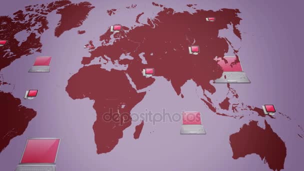 Computer background - world moving from right to left - vector animation - black background - below view - red — Stock Video