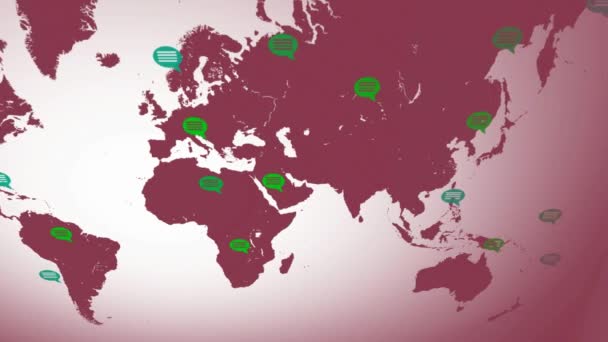 Colores planos - mapa moviéndose de izquierda a derecha - burbujas de habla - ubicaciones - continente rosa - fondo blanco - Vista superior — Vídeo de stock