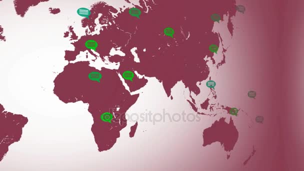 Επίπεδη χρώματα - Χάρτης κινείται από αριστερά προς τα δεξιά - ομιλία φυσαλίδες - τοποθεσίες - ήπειρο ροζ - λευκό φόντο - αριστερή άποψη. — Αρχείο Βίντεο