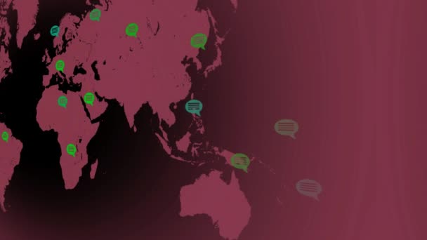 Flache Farben - Landkarte bewegt sich von links nach rechts - Sprechblasen - Standorte - rosa Kontinent - schwarzer Hintergrund - rechte Ansicht — Stockvideo