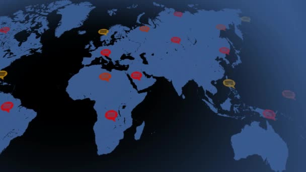 Cores planas - mapa que se move da esquerda para a direita - bolhas de fala - locais - continente azul - fundo preto - vista abaixo . — Vídeo de Stock