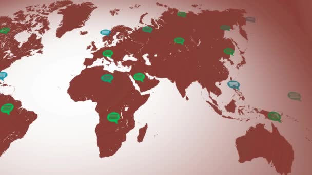 Flat kleuren - kaart verplaatsen van links naar rechts - tekstballonnen - locaties - rode continent - witte achtergrond - onder weergave — Stockvideo