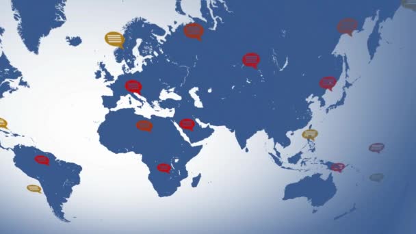 Plochou barvy - mapa směrem zleva doprava - bubliny - umístění - modrý kontinent - bílé pozadí - nad zobrazením. — Stock video