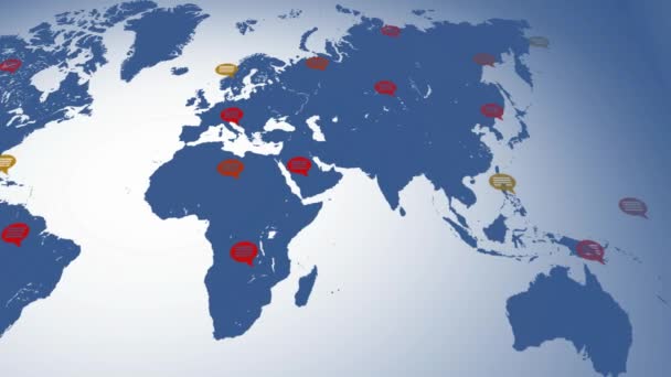 Lapos színek - Térkép, mozgó balról jobbra - beszéd buborékok - helyek - kék kontinens - fehér háttér - alacsonyabb nézet — Stock videók