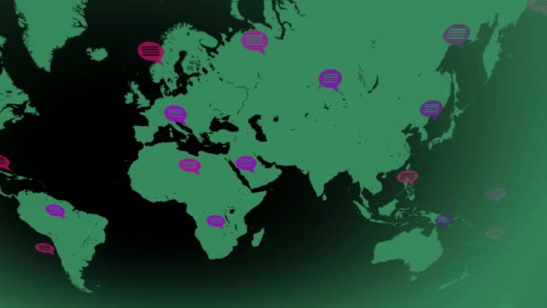 Flat colors - map moving from left to right - speech bubbles - locations - green continent - black background - Above view — Stock Video