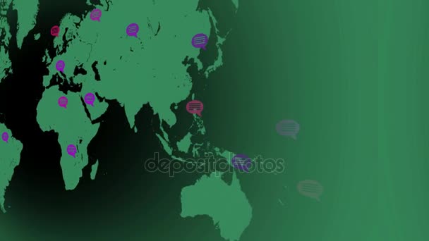 Flat colors - map moving from left to right - speech bubbles - locations - green continent - black background - Left view — Stock Video