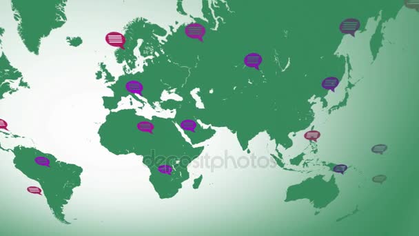 Colores planos - mapa moviéndose de izquierda a derecha - burbujas de habla - ubicaciones - continente verde - fondo blanco - Vista superior — Vídeo de stock