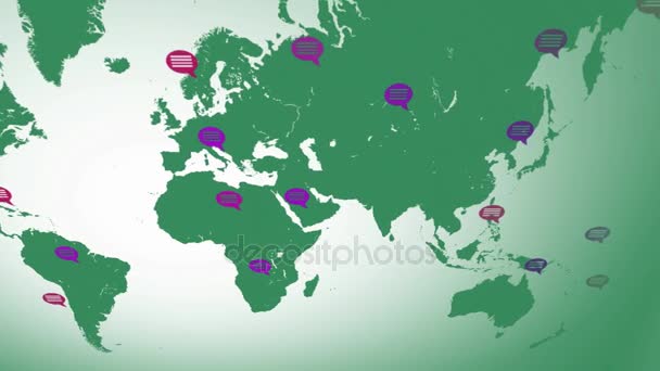 Colori piatti - mappa che si muove da sinistra a destra - bolle vocali - posizioni - continente verde - sfondo bianco - Vista sopra — Video Stock