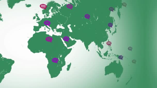 Cores planas - mapa se movendo da esquerda para a direita - bolhas de fala - locais - continente verde - fundo branco - Visão direita — Vídeo de Stock