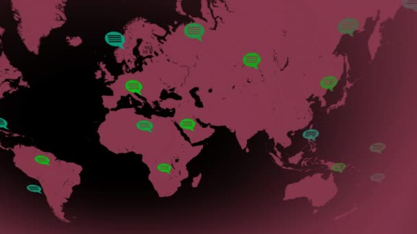 Flache Farben - Landkarte bewegt sich von links nach rechts - Sprechblasen - Standorte - rosa Kontinent - schwarzer Hintergrund - Ansicht oben — Stockvideo