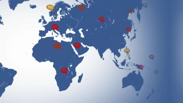 Platta färger - karta flyttar från vänster till höger - tal bubblor - platser - blå kontinent - vit bakgrund - vänstra vyn — Stockvideo