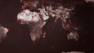 : Doygun renklere Dünya Haritası - perspektif döngü - daire şehirler - tarama - arka plan - kırmızı B