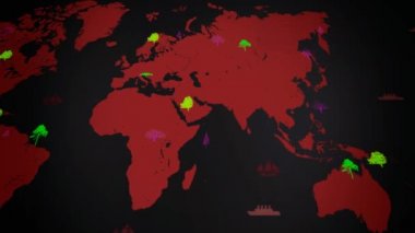 -Dünya - siyah arka plan - kırmızı kıta Haritası - görünümü altında büyüyen vektör tekneler - dünya çapında - ağaçlar