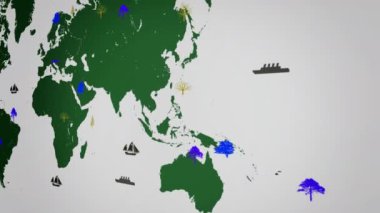  -Dünya Haritası - beyaz arka plan - yeşil kıta - sağ görünümü büyüyen vektör tekneler - dünya çapında - ağaçlar