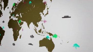 -Dünya Haritası - beyaz arka plan - sarı kıta - sağ görünümü büyüyen vektör tekneler - dünya çapında - ağaçlar.